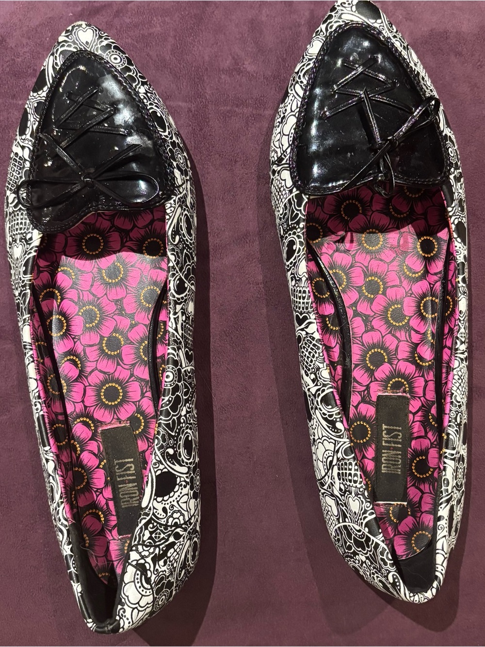 Iron Fist Black & White Skull-Print Pointed Flats with Pink Floral Insole